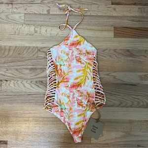 NWT Stone Fox Womens White Pink Print Fella One Piece Halter Style Swimsuit XS